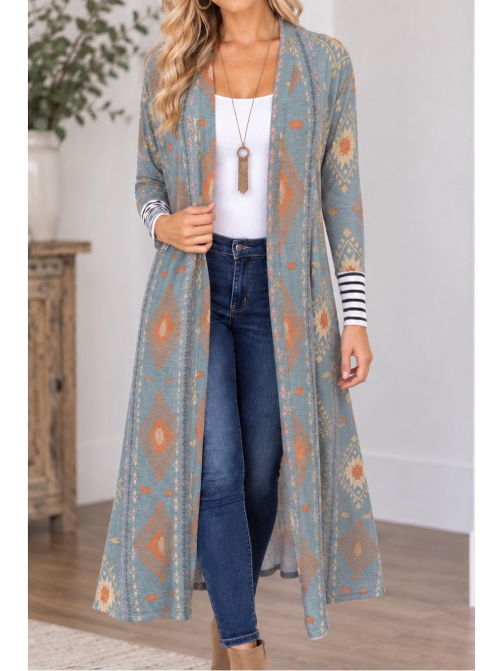 7th Ray Blue/Multi long duster cardigan with an Aztec-inspired geometric print